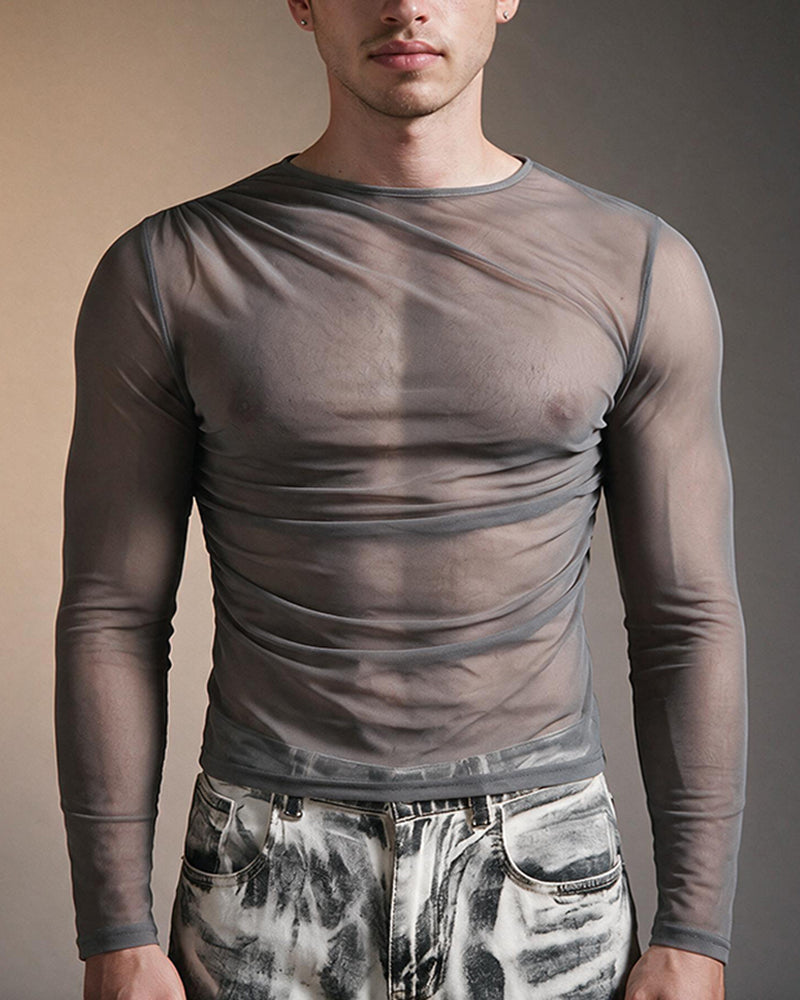 Men's sheer mesh long-sleeve top in dark gray, crew neck, ruched fitted front