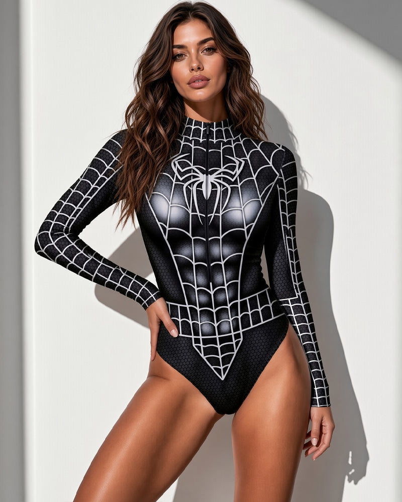 Black long-sleeve bodysuit with white spiderweb print and crotchless front