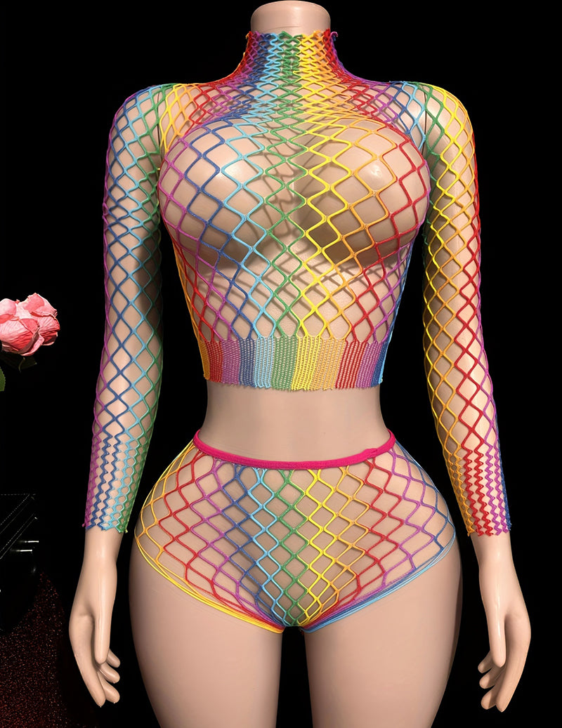 Rainbow fishnet mesh crop top and shorts set, front view, long sleeves