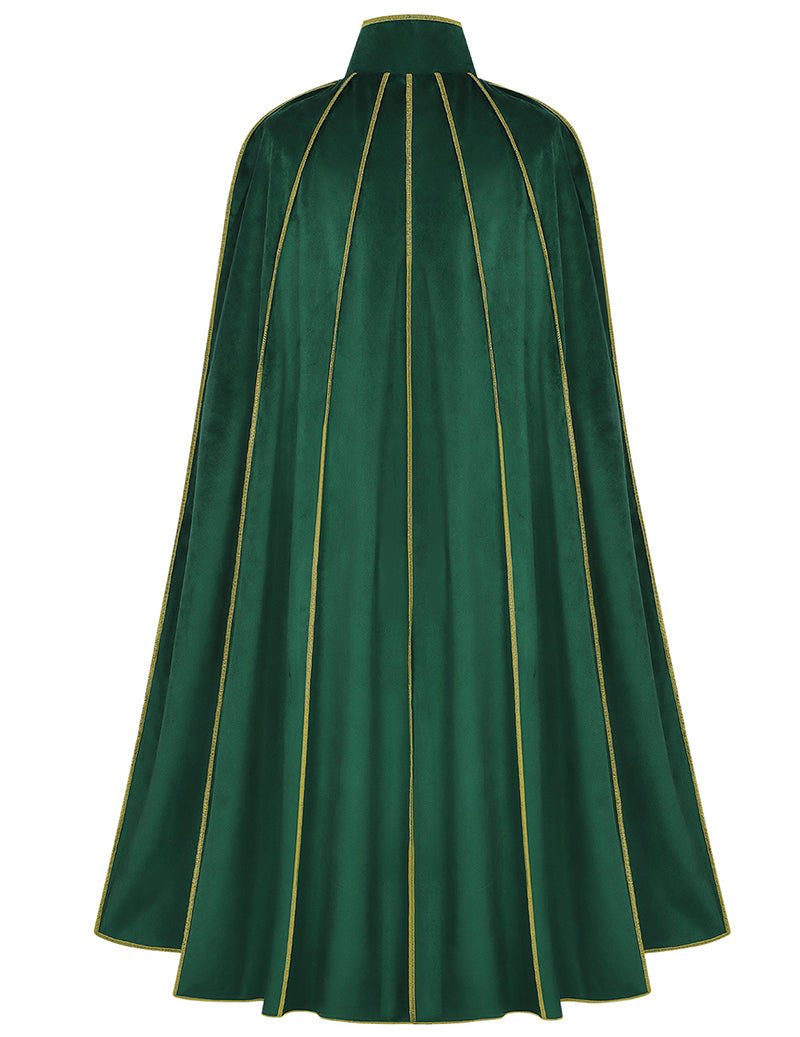 Green velvet cloak cape with gold-trim vertical lines and pleated full back panel