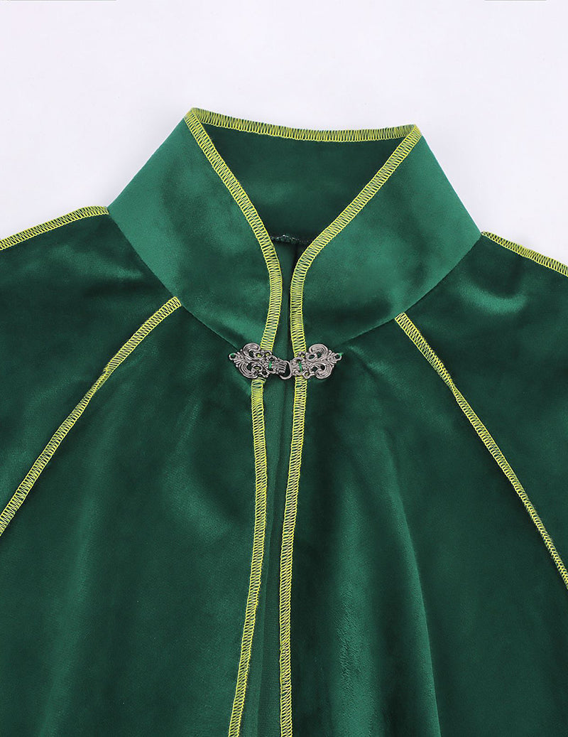 Green velvet cloak collar with gold trim and decorative button clasp at neckline