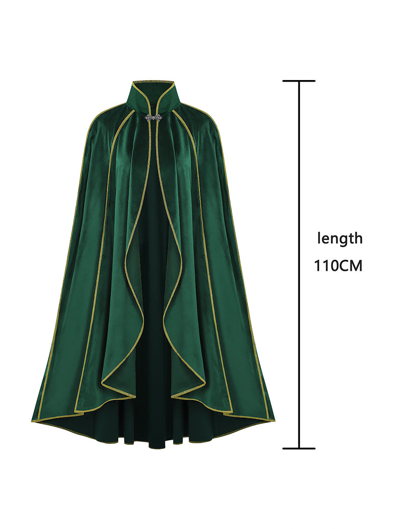 Green velvet cloak cape with gold trim and round neckline, front draped panels