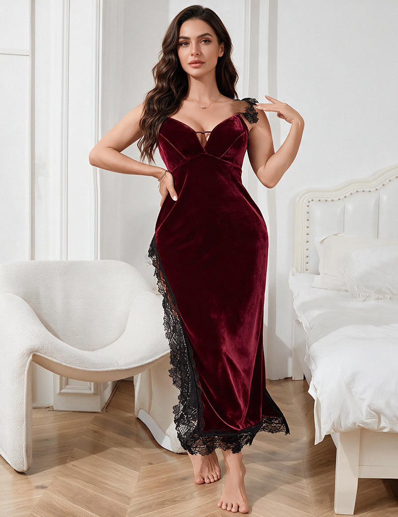 Wine red velvet sweetheart maxi nightgown with lace trim and side slit