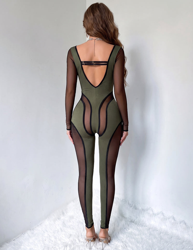 Green sheer mesh jumpsuit, back view with V-neck and stripe trim, long sleeves.