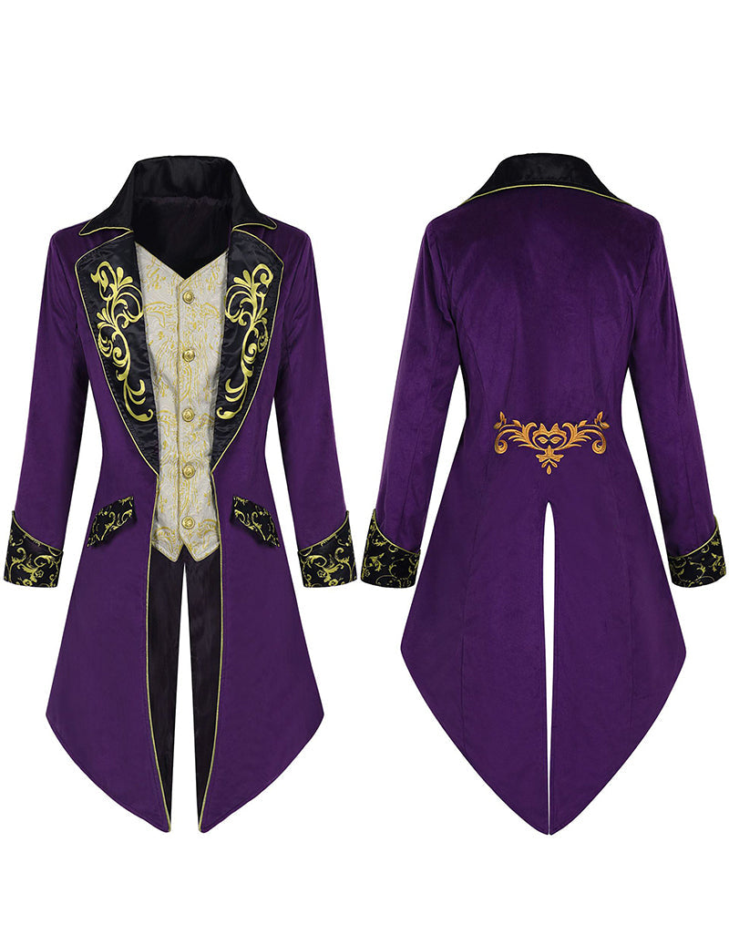 Men's tailcoat jacket, imperial purple with gold back emblem and yellow-trim detail