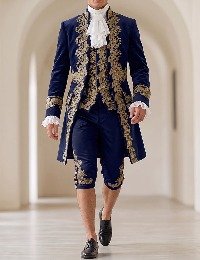 Men's baroque prince costume set, blue coat with gold embroidery, vest, and knee pants