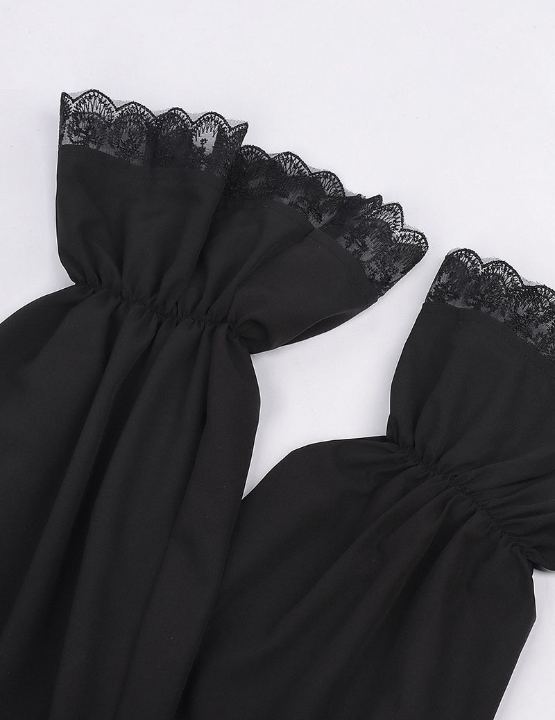Black ruffled shirt sleeve with lace cuff detail and gathered shoulder