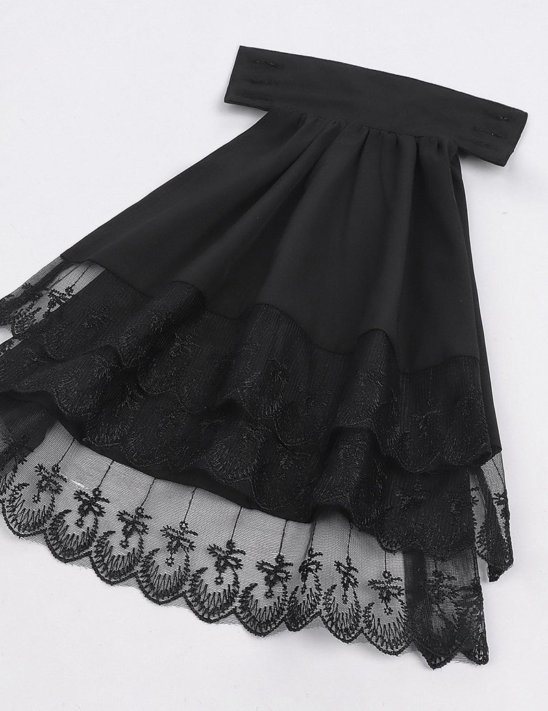 Black ruffled blouse front with lace hem and layered tiered skirt detail