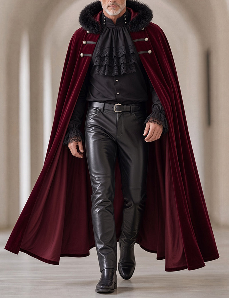 Men's gothic set: burgundy fur-trim cape, ruffled black shirt, leather-look pants