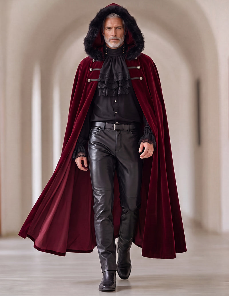 Gothic 3-piece set with burgundy fur-trim cape, black ruffled shirt, and leather-look pants