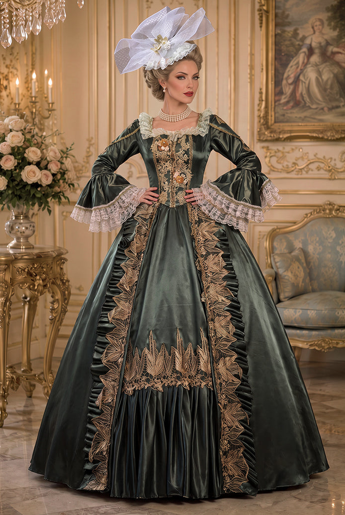Medieval court gown in dark green satin with gold embroidery, lace bell sleeves, headpiece