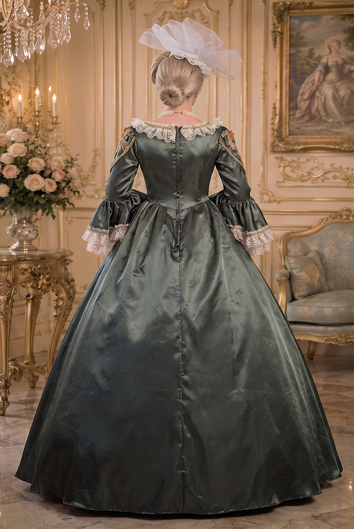 Dark green medieval court gown with gold embroidery, lace-trimmed bell sleeves, full skirt