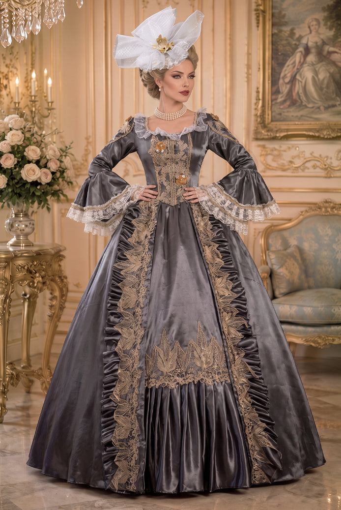 Medieval court gown in charcoal gray satin with gold embroidery, lace bell sleeves, headpiece