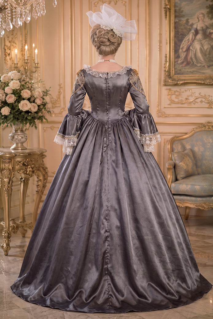Charcoal gray medieval court gown with lace trim sleeves and embroidered bodice