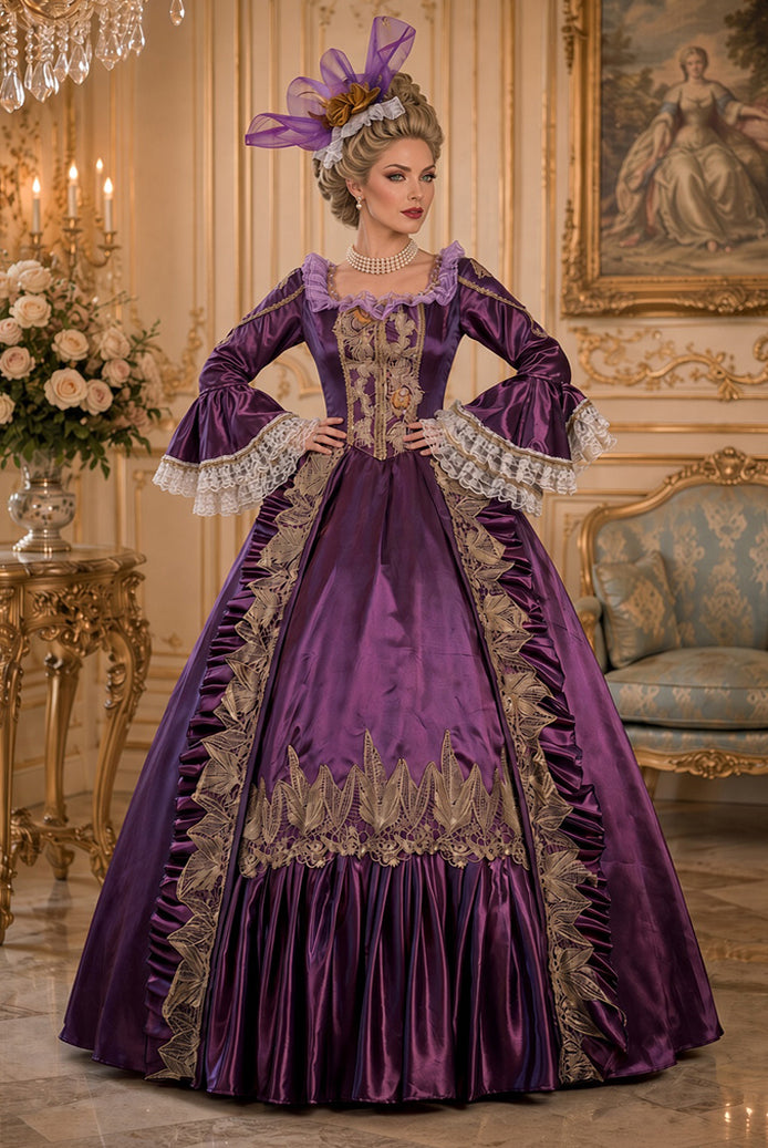 Medieval court gown in royal purple satin with gold embroidery, lace bell sleeves, headpiece