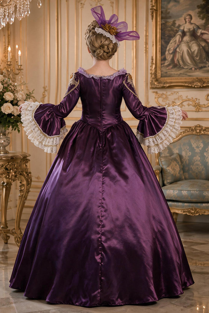 Royal purple medieval court gown with lace-trimmed sleeves and full skirt, back view