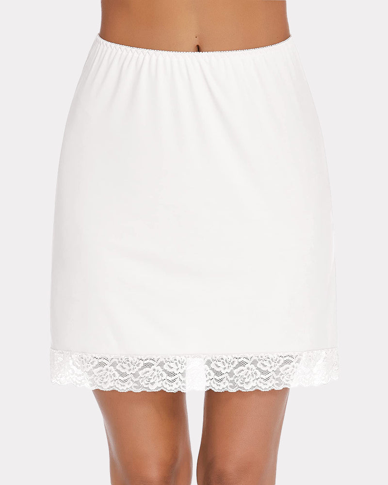 White half slip skirt with lace hem and gathered elastic waistband