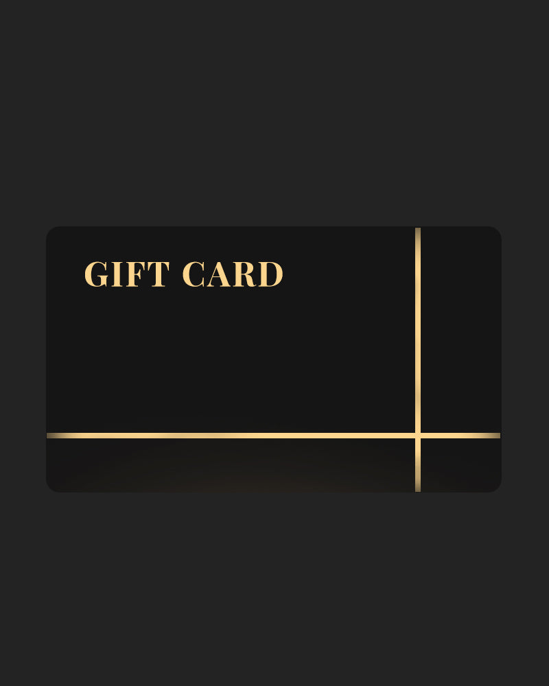 Black e-gift card with gold cross lines and 'GIFT CARD' text