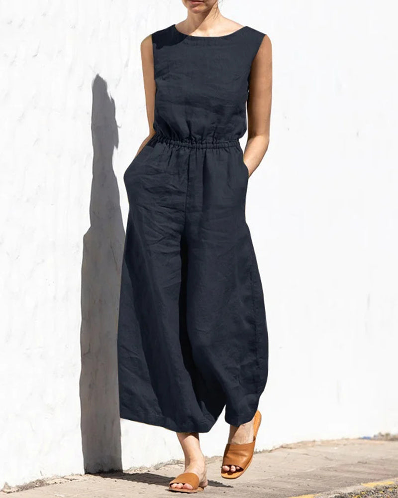 Navy blue sleeveless long jumpsuit with crew neck, elastic waist, wide legs