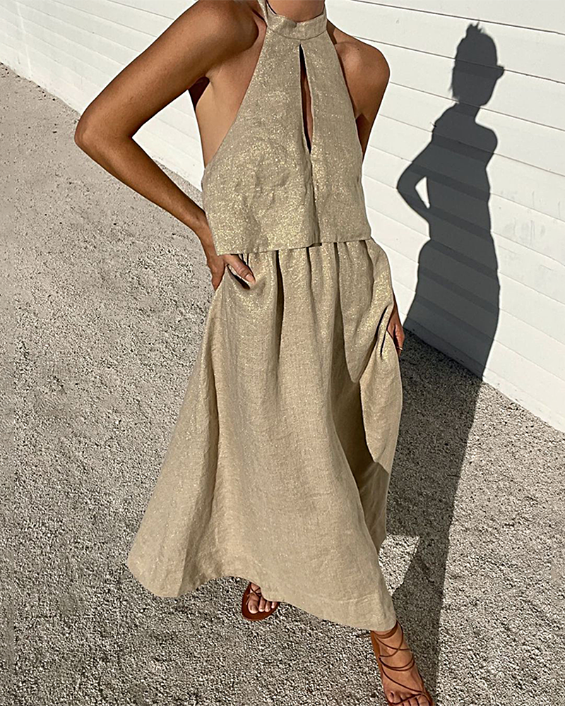 Apricot halter crop top and tiered maxi skirt set, sleeveless with front slit