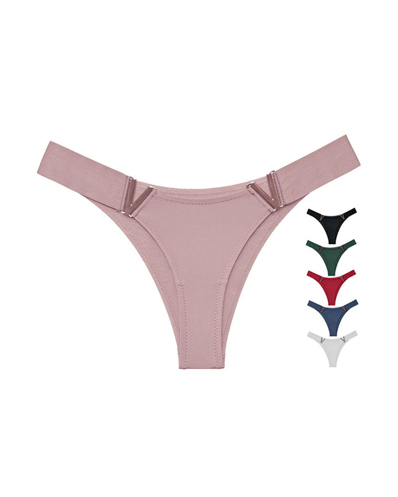 V-Hardware thong panties with minimal coverage and metal accent, mauve pink