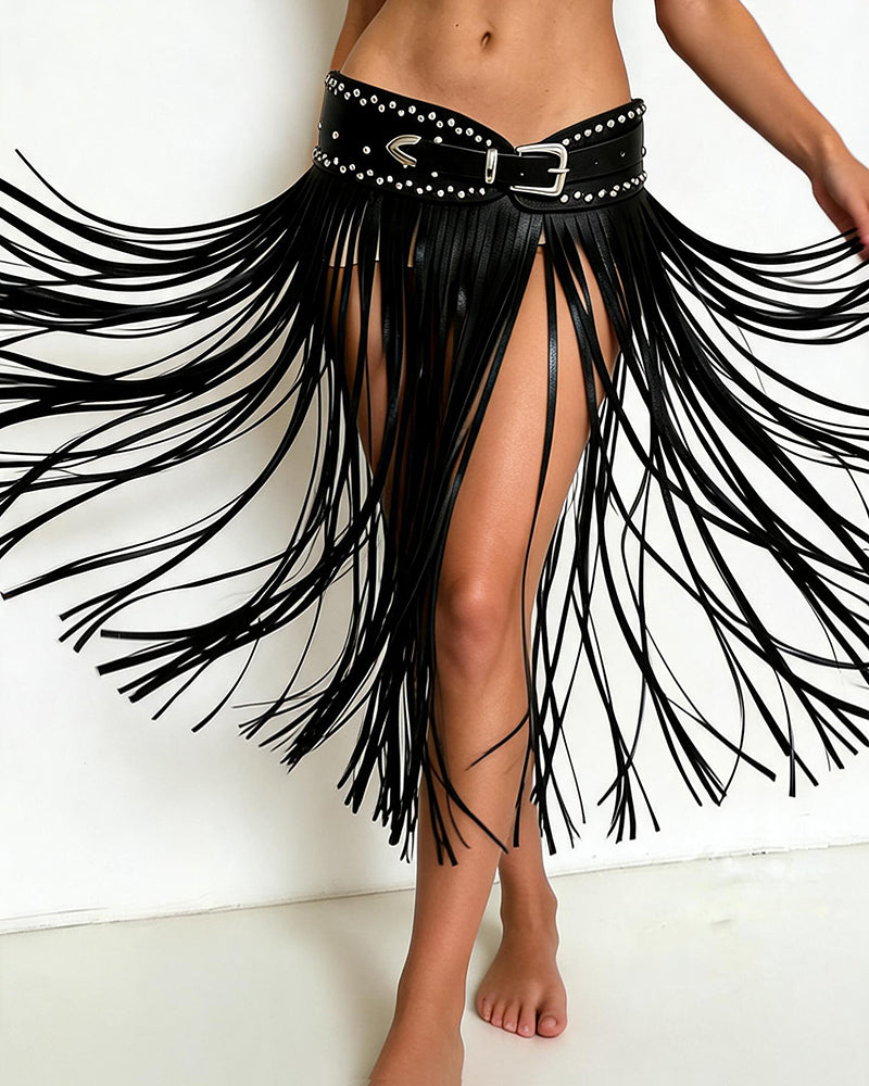 Black PU wrap skirt with long fringe, studded belt and wrap front slit