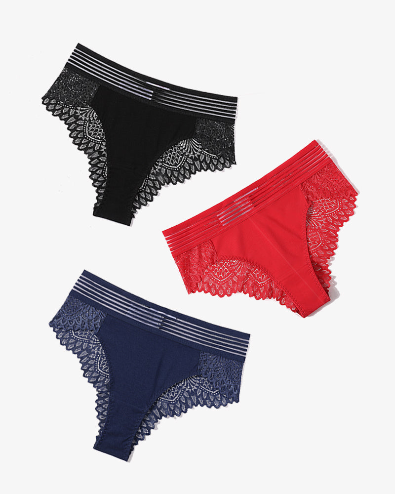 Lace hipster panties set with black, red, and navy lace trim.