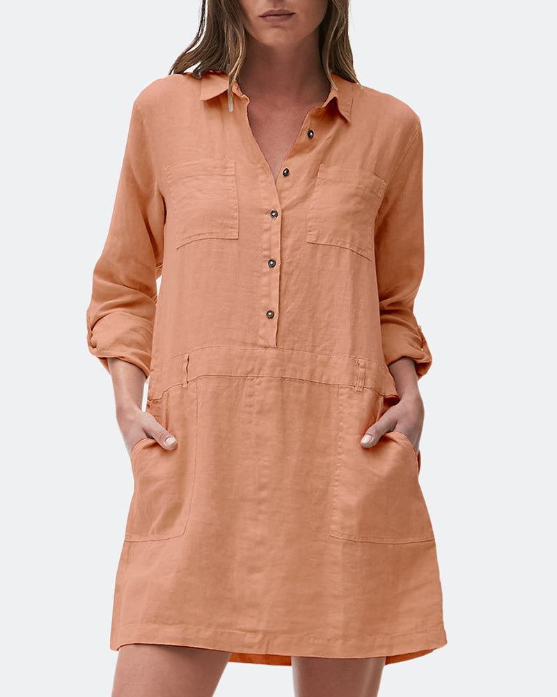 Orange cotton-linen midi shirt dress, button front, collar, flap pockets, rolled sleeves