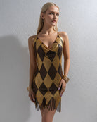 Metallic patchwork backless mini dress, gold and black argyle pattern, V-neck and fringe