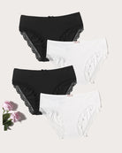 4-pack panties set: black and white lace-trim briefs with scalloped edges