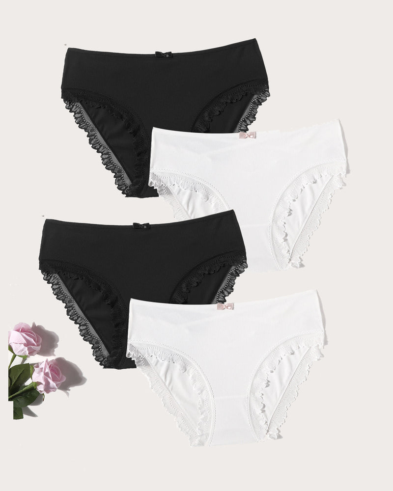 4-pack panties set: black and white lace-trim briefs with scalloped edges