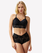 Black lace bra and matching lace hipster panties set with scalloped lace trim