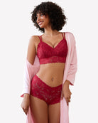 Wine red lace bra and matching lace panties set with lace overlay cups