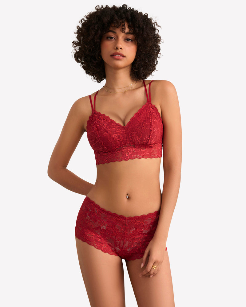 Wine red lace bra and matching lace hipster panties set with scalloped lace trim