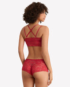 Wine red lace bra and matching lace panties set, crisscross back strap design