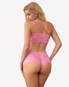 Pink lace bra and panty set with crisscross back straps and lace briefs