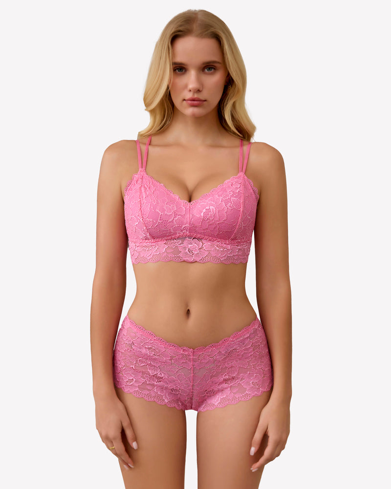 Pink lace bra and panty set with underwire cups and lace stretch shorts