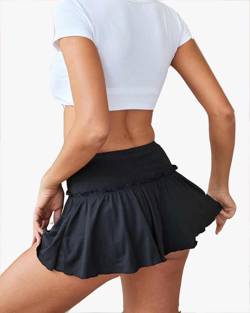 Black ruffle mini skirt, elastic waist with gathered, flared hem