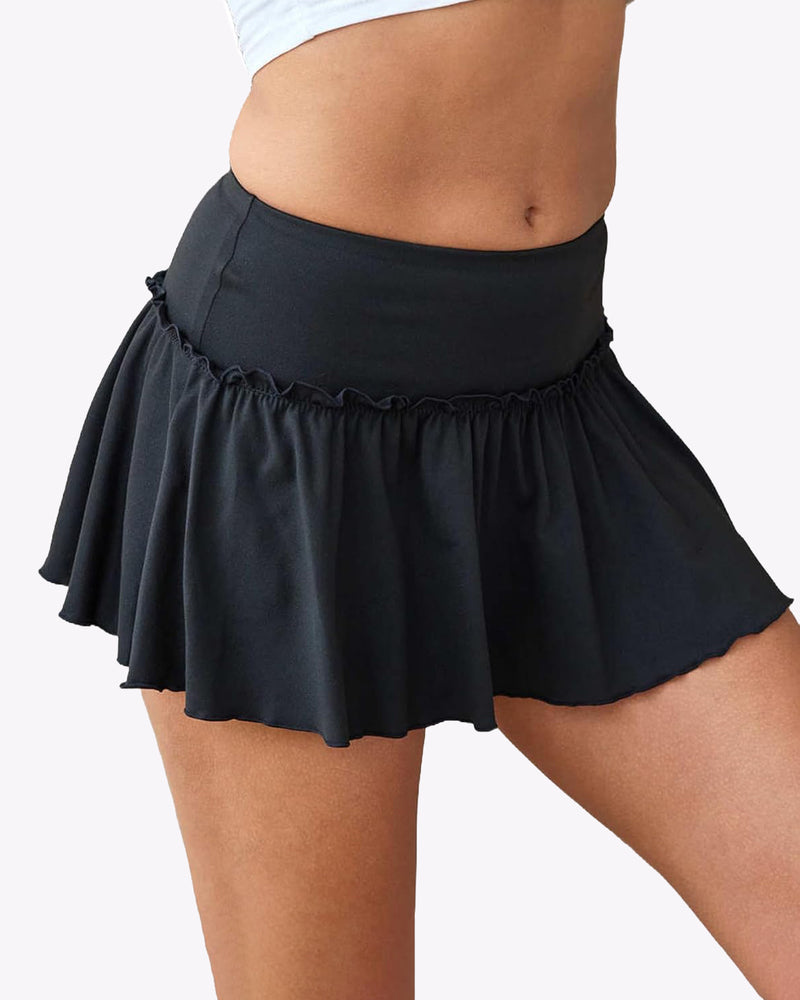 Black ruffle mini skirt with elastic waistband and gathered hem