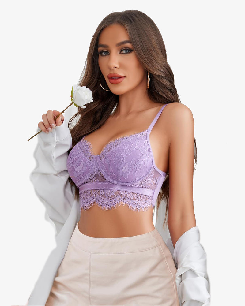 Lilac lace V-neck bustier cami top with underwire cups and scalloped hem