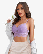 Lilac lace V-neck bustier cami top with underwire cups and scalloped hem