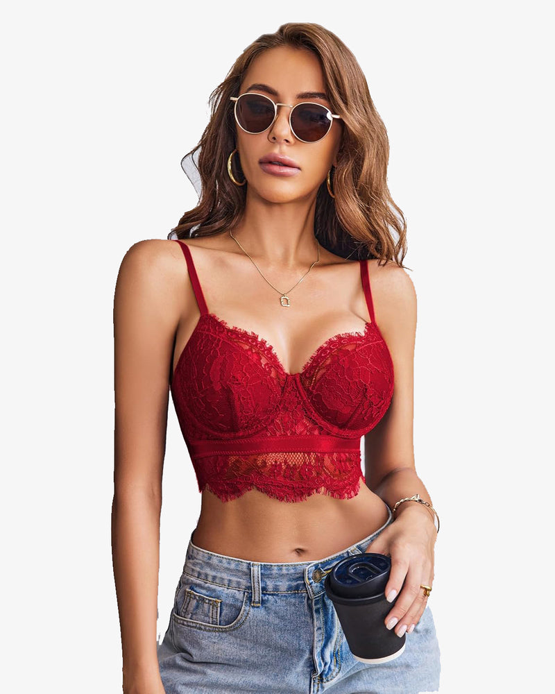 Red lace V-neck bustier cami top with underwire cups and lace waistband