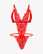 Red lace deep V bodysuit with underwire, adjustable straps, open back thong.