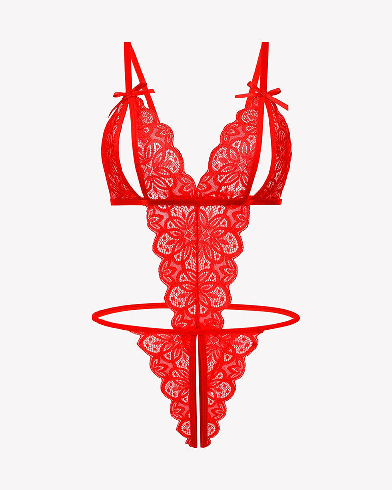 Red lace deep V bodysuit with underwire, adjustable straps, open back thong.
