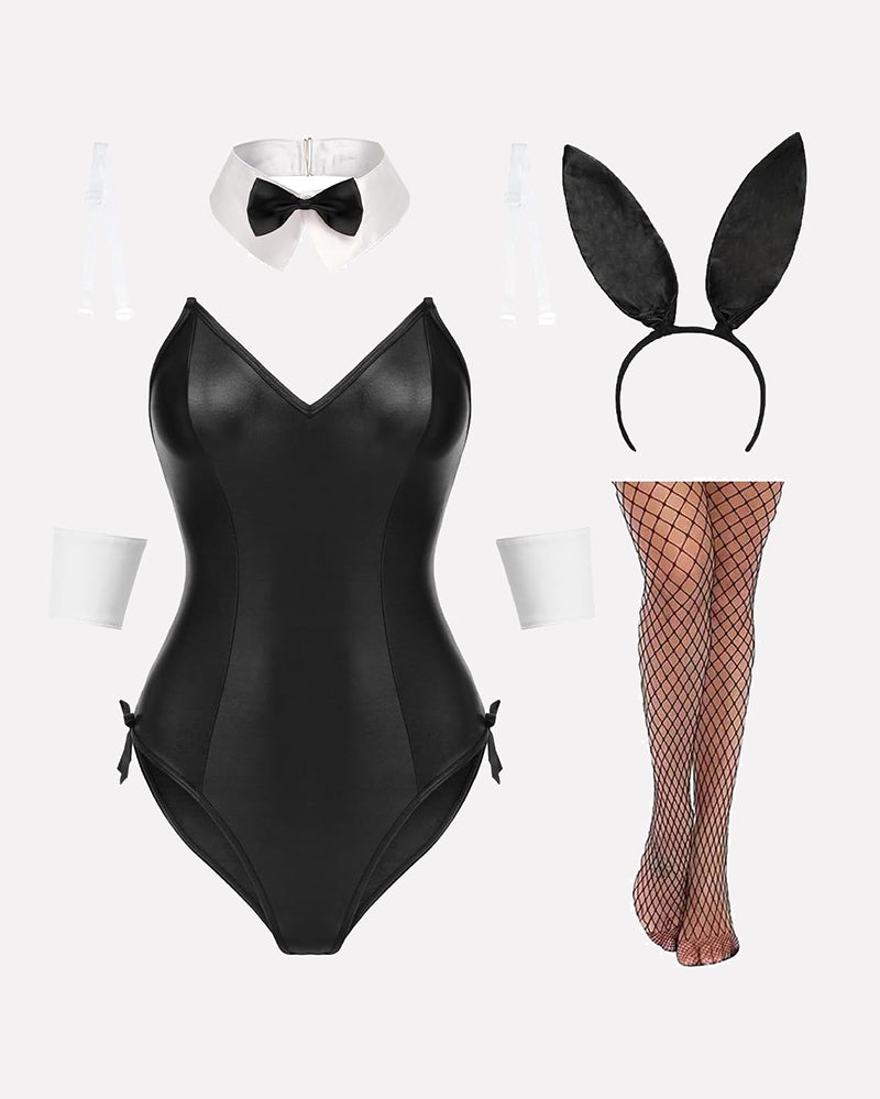Black bunny lingerie set: bow collar bodysuit, bunny ears headband, fishnet tights