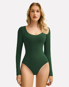 Green scoop-neck bodysuit with long sleeves and high-cut leg openings