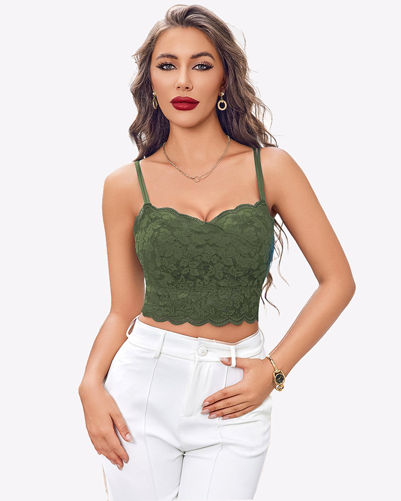 Lace cami crop top with adjustable straps, scalloped hem, army green