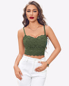 Lace cami crop top with adjustable straps, scalloped hem, army green