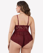 Burgundy lace bodysuit with adjustable straps and sheer back panel