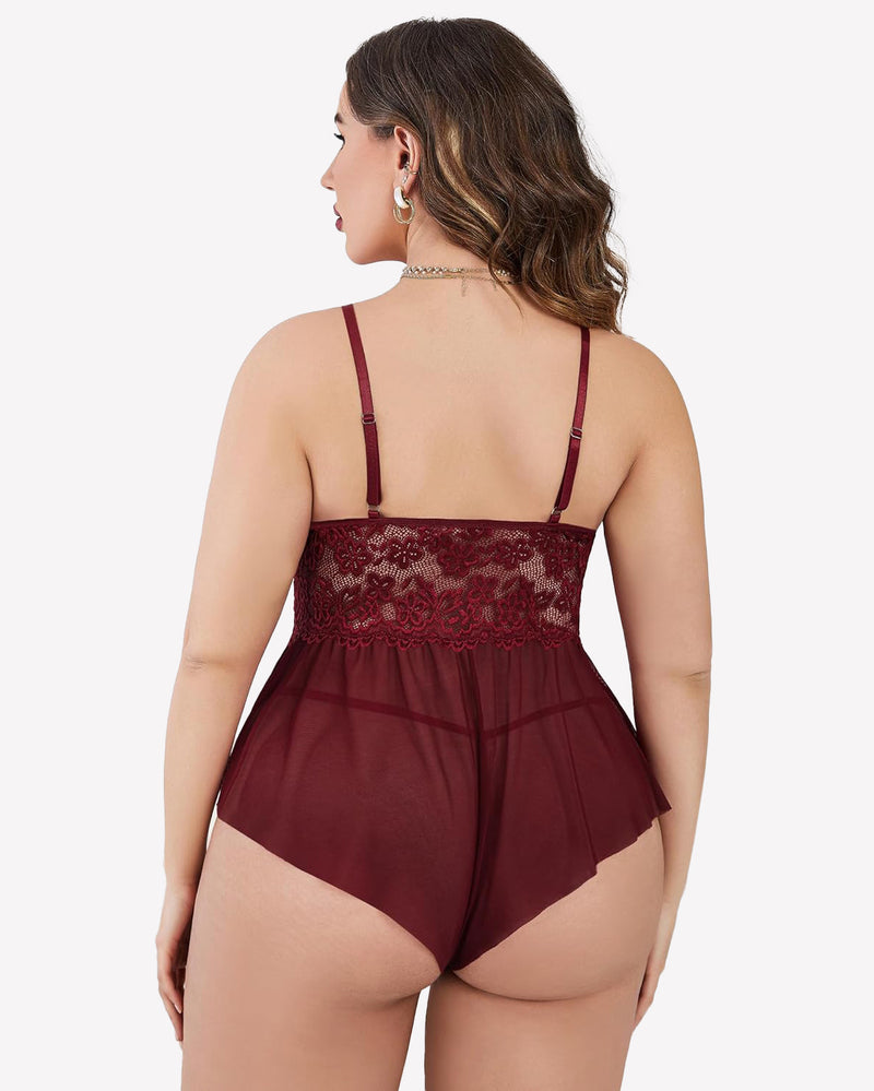 Burgundy lace bodysuit with adjustable straps and sheer back panel
